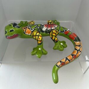 Talavera Pottery Mexico Ceramic Gecko Figurine Green Redware Signed Mexico